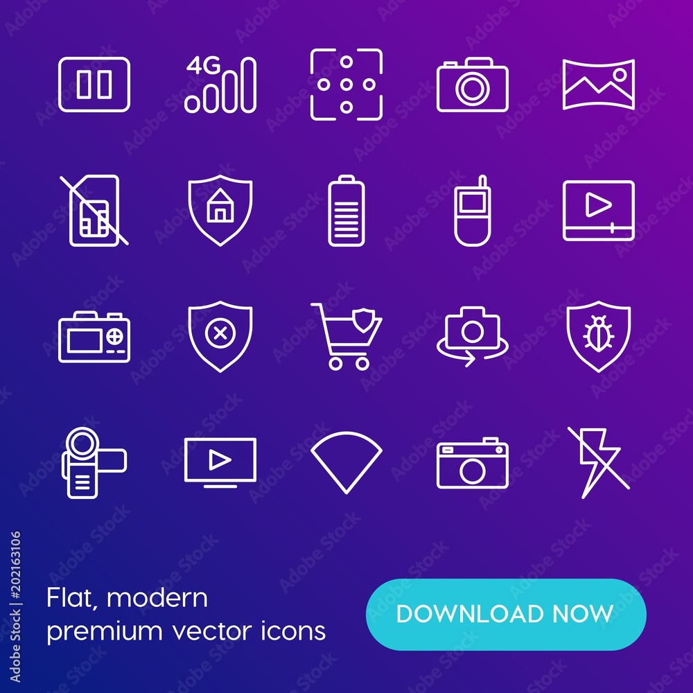Modern Simple Set of mobile, security, video, photos Vector outline Icons. Contains such Icons as  pause, panorama, technology,  rotate and more on gradient background. Fully Editable. Pixel Perfect.
