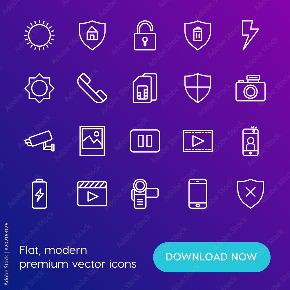 Modern Simple Set of mobile, security, video, photos Vector outline Icons. Contains such Icons as  nature,  phone, camera, movie, light and more on gradient background. Fully Editable. Pixel Perfect.
