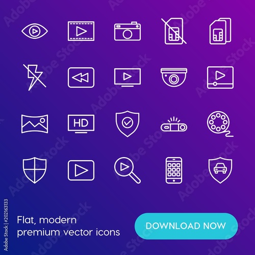 Modern Simple Set of mobile, security, video, photos Vector outline Icons. Contains such Icons as  video, movie,  phone,  photo,  film and more on gradient background. Fully Editable. Pixel Perfect.