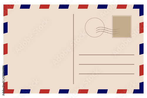 Vintage postcard. Old template. Retro airmail envelope with stamp