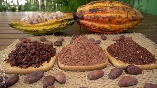 Coffee beans, cacao nibs, cocoa powder, raw cocoa fruit, cacao beans on burlap