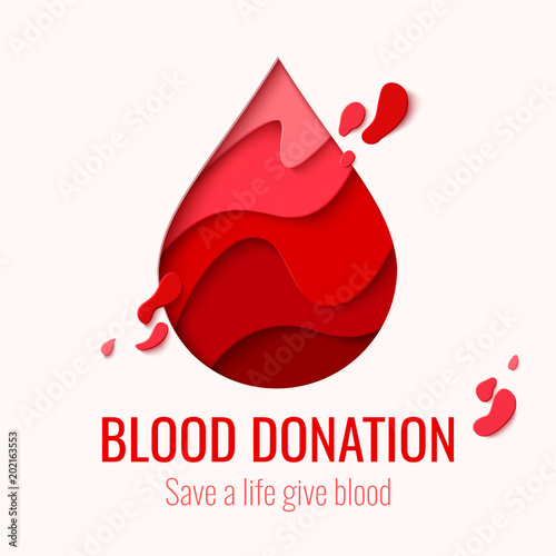 World Blood Donor Day vector paper craft concept background. Awareness banner with red paper cut blood drop. 14 june. Hemophilia day poster