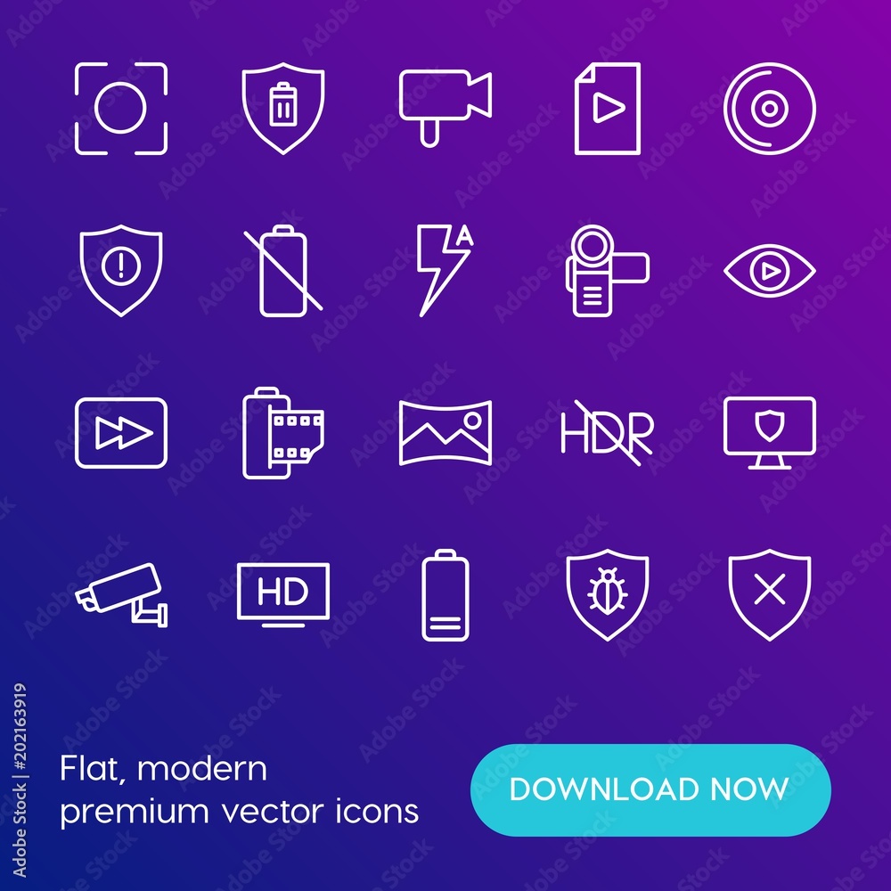 Modern Simple Set of mobile, security, video, photos Vector outline Icons. Contains such Icons as  landscape,  film, camera,  document and more on gradient background. Fully Editable. Pixel Perfect.