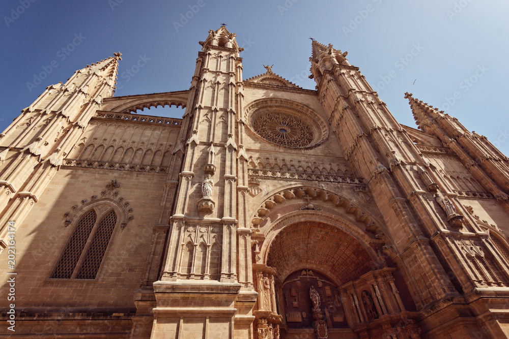 Wide angle view from the street of the gothic Cathedral of Santa Maria of Palma 