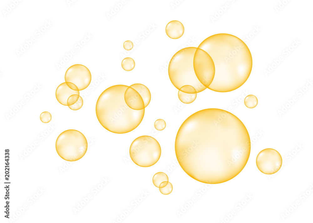 Fizzing  air  golden  bubbles on white  background.