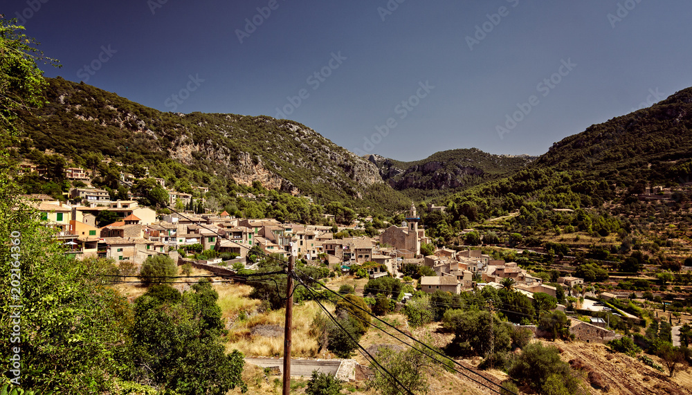 Panorama of city of Valldemossa on Mallorca island, Spain at mid-day