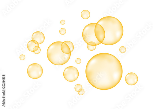 Fizzing  air  golden  bubbles on white  background.
