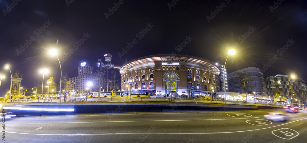 Panoramic view of the Arenas de Barcelona at Placa d’ Espana. The building was a bullring and was reopened in 2011 as a shopping mall