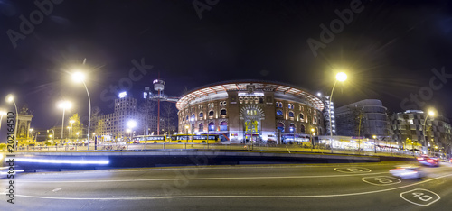 Panoramic view of the Arenas de Barcelona at Placa d’ Espana. The building was a bullring and was reopened in 2011 as a shopping mall photo