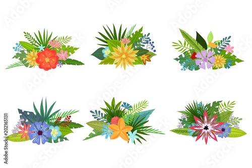 Set of bouquets with tropical flowers and leaves doodle style  design for postcard and invitation. Vector
