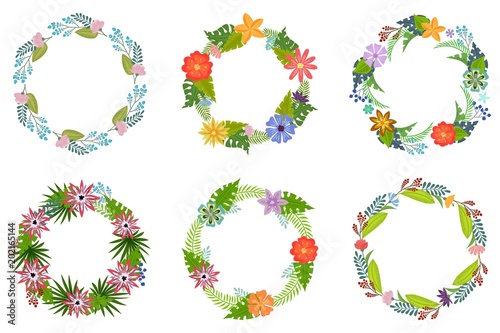 Set of wreaths with tropical flowers and leaves doodle style, design for postcard and invitation. Vector