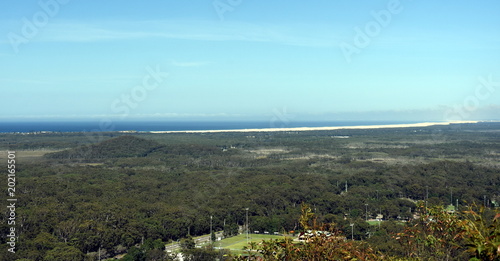 View from Gan Gan Lookout on Lily Hill to Stockton beach and Anna Bay. Hills and coastline of NSW, Australia.