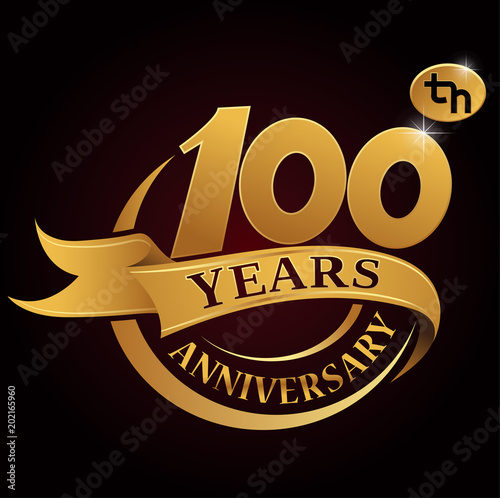100 years golden anniversary logo celebration with golden ring and ribbon.