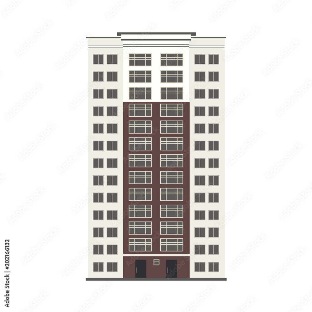 Apartment or office building house exterior icon. City modern architecture, dormitory area object. Dwelling house, residental building. Cityscape design element. Vector flat illustration