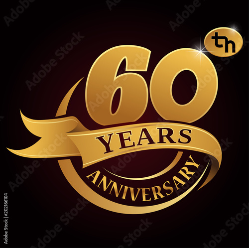 60 years golden anniversary logo celebration with golden ring and ribbon.