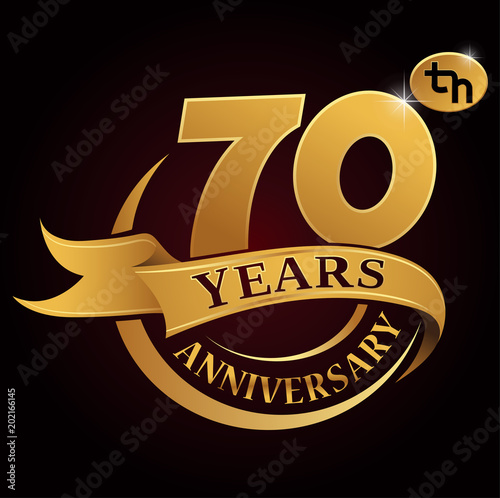 70 years golden anniversary logo celebration with golden ring and ribbon.