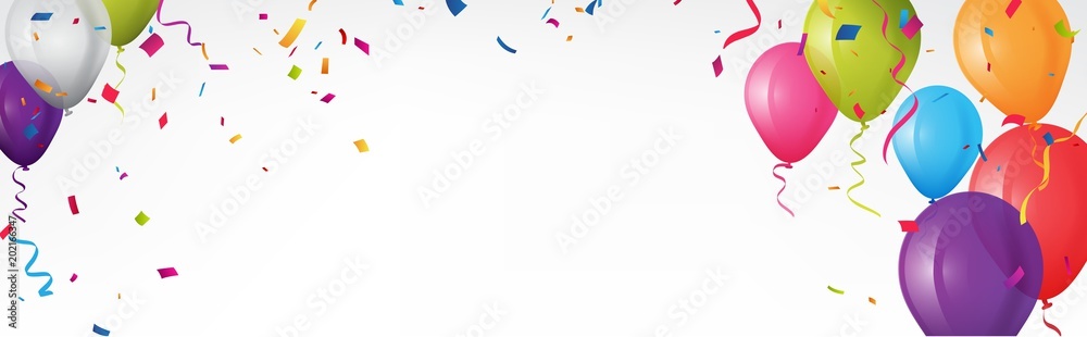 Colorful birthday banner with bunting flags and confetti