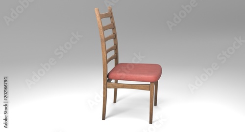 3D rendering - retro wooden chair with a saddle covered with a red cloth isolated on white background.