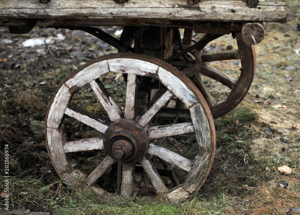 Fragment of the old horse cart with a wooden wheel