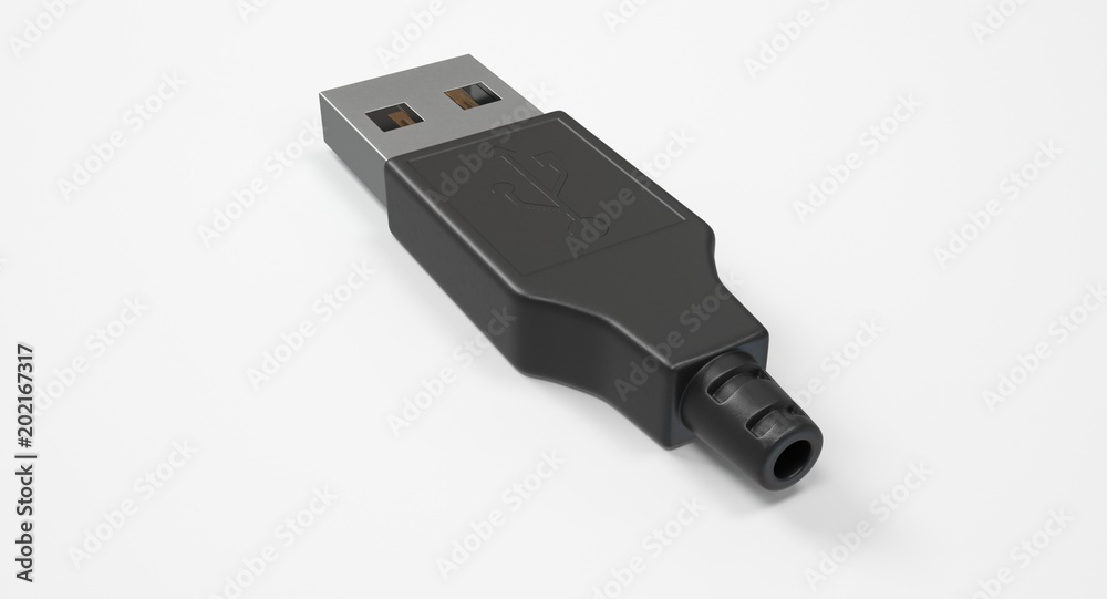 3D rendering - set of power usb cables with micro-b, type-c and lightning connectors isolated on white background. 3D rendering - set of power usb cables with micro-b, type-c and lightning connectors isolated on white background.
