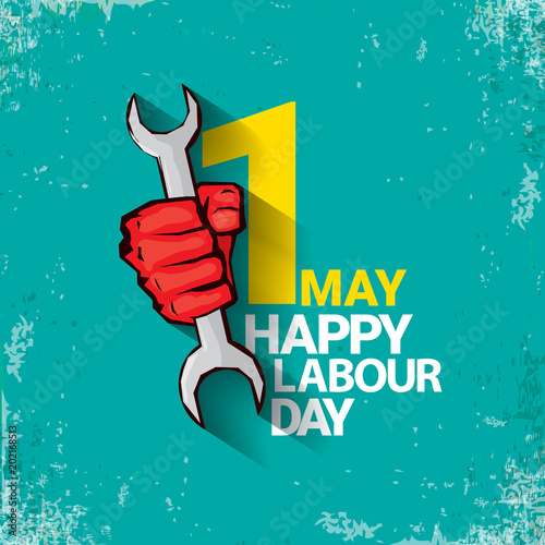 1 may Happy labour day vector label with strong red fist on torquise background . labor day background or banner with man hand. workers may day poster