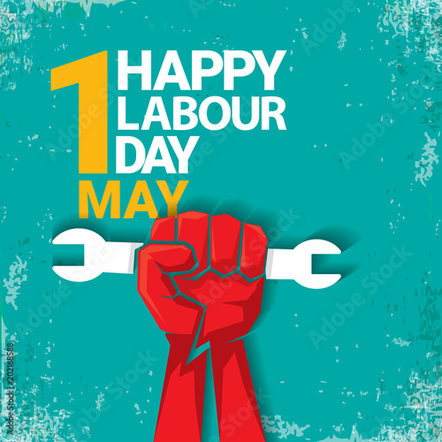 1 may Happy labour day vector label with strong red fist on torquise background . labor day background or banner with man hand. workers may day poster