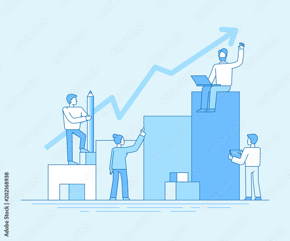 Vector illustration in flat linear style and blue color - business analytics and marketing concept Vector illustration in flat linear style and blue color - business analytics and marketing concept