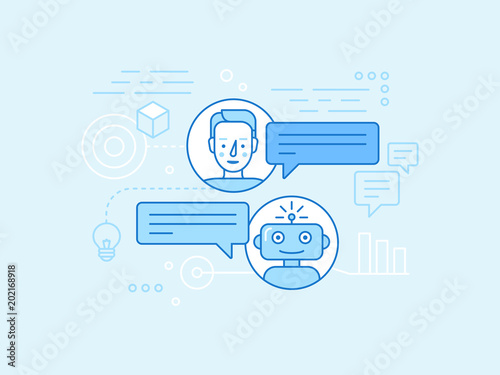 Vector flat linear illustration in blue colors - chatbot concept