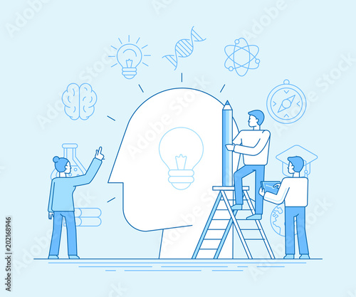 Vector flat linear illustration in blue colors - team working and education concept
