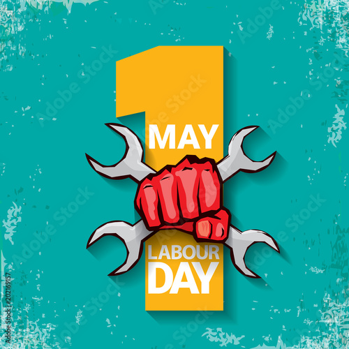 1 may Happy labour day vector label with strong red fist on torquise background . labor day background or banner with man hand. workers may day poster