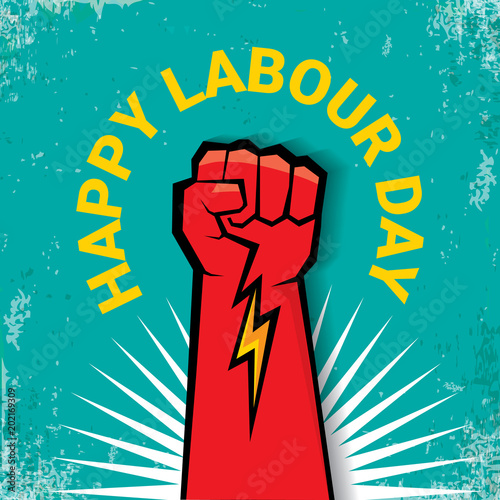 1 may Happy labour day vector label with strong red fist on torquise background . labor day background or banner with man hand. workers may day poster