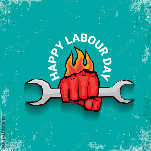 1 may Happy labour day vector label with strong red fist on torquise background . labor day background or banner with man hand. workers may day poster