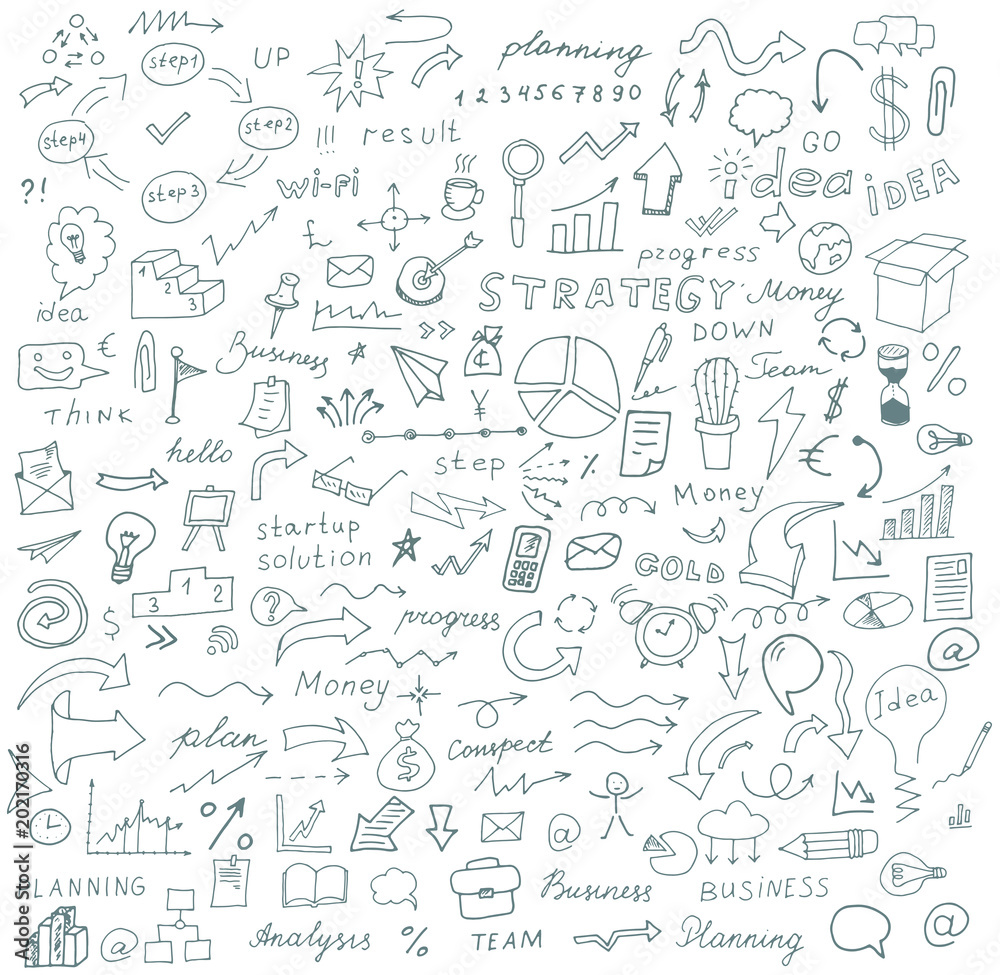 Vector doodles signs and symbols, hand-drawn on the topic of business