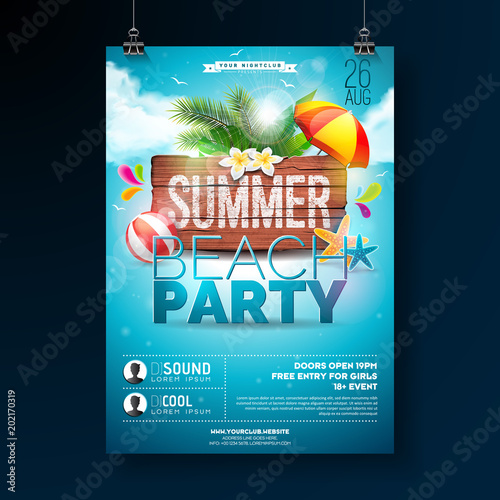 Vector Summer Beach Party Flyer Design with typographic elements on wood texture background. Summer nature floral elements, tropical plants, flower, beach ball and sunshade with blue cloudy sky