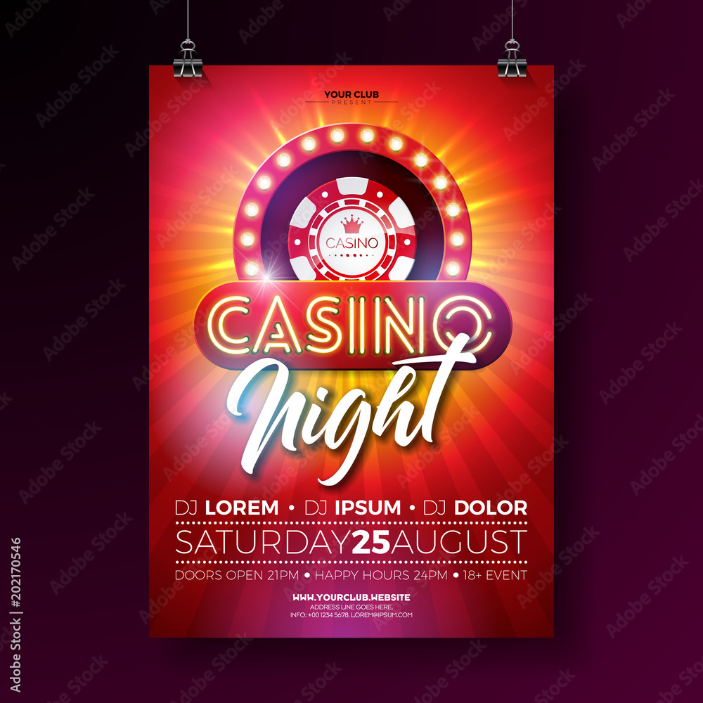 Obraz premium Vector Casino night flyer illustration with gambling design elements and shiny neon light lettering on red background. Luxury invitation poster template.