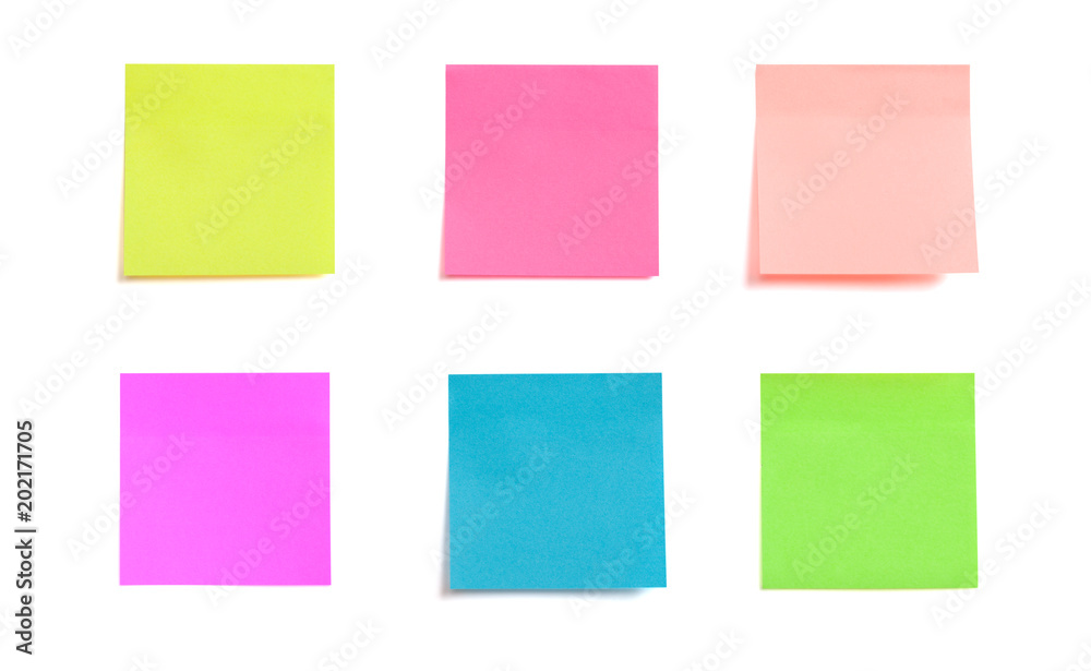 collection of colorful post it paper note isolated on white background