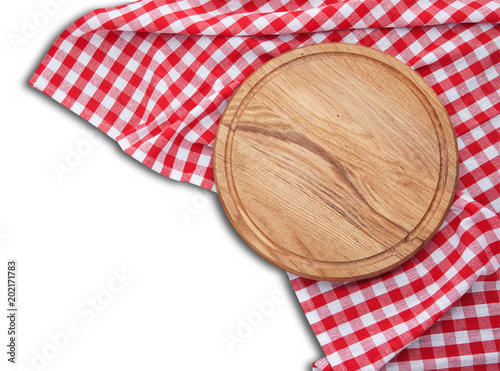 Tablecloth and board for pizza isolated. Stack of colorful dish towels on white wooden table background top view mock up