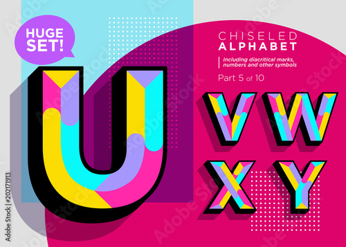 Vector Mosaic Typeset. Textured Geometric Type. Trendy Polygonal Typography for Music Poster, Sale Card, Fest Banner, Game Design. Retro Vibrant Alphabet. Colorful Hipster Background. Funky Font.