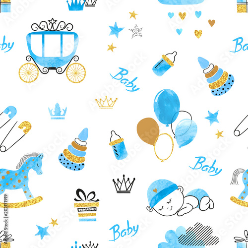 Baby Shower Boy seamless pattern. Vector watercolor kids background.