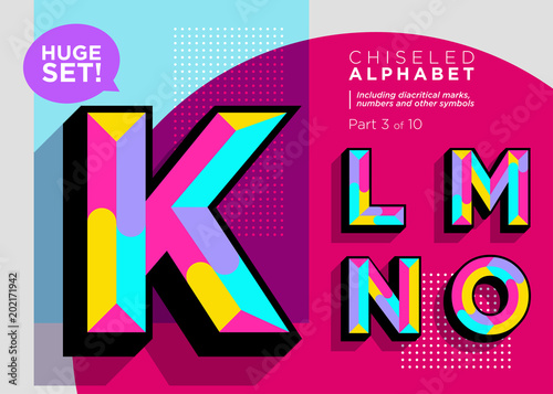 Vector Mosaic Typeset. Textured Geometric Type. Trendy Polygonal Typography for Music Poster, Club Flyer, Fest Invitation, Game Design. Retro Vibrant Alphabet. Colorful Hipster Background. Funky Font.