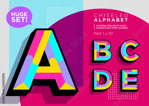 Vector Mosaic Typeset. Textured Geometric Type. Trendy Polygonal Typography for Music Poster, Club Flyer, Fest Invitation, Game Design. Retro Vibrant Alphabet. Colorful Hipster Background. Funky Font.