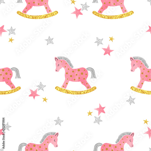 Seamless pattern with pink watercolor rocking horse. Baby shower print.