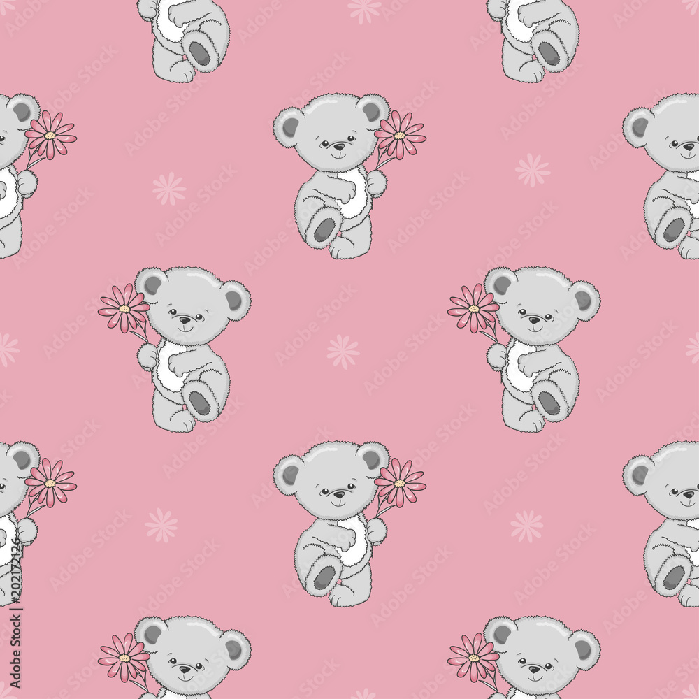 Cute cartoon Teddy bear with flower seamless pattern. Vector baby background.