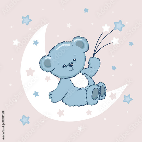 Cute Teddy Bear on the moon. Sweet dreams vector illustration.