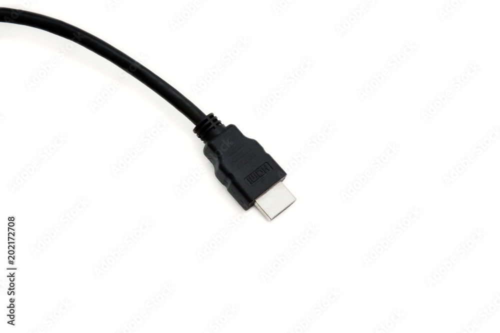 Black HDMI cable on white background. Connector close-up. Black HDMI cable on white background. Connector close-up.