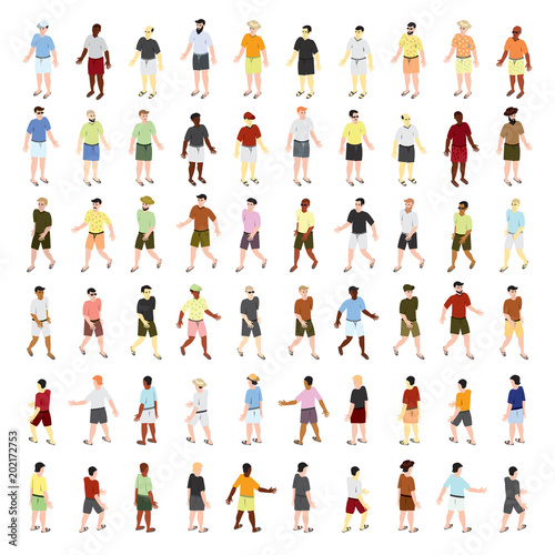 Isometric vector people set. Summer dressed people with flip flops. Icon set. Vector.