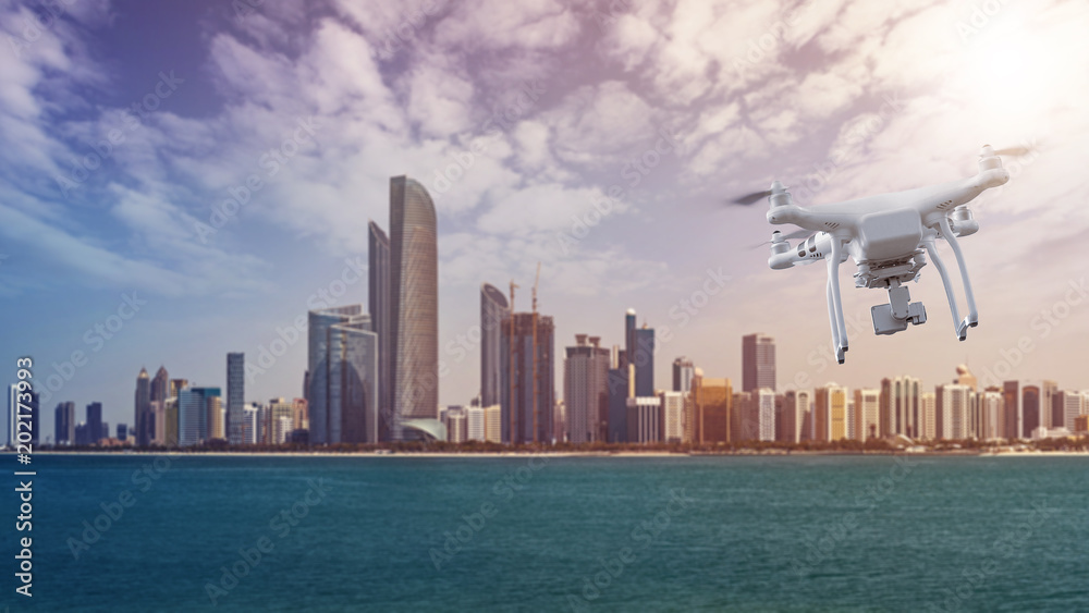 Drone flying in front of the Abu Dhabi Skyline