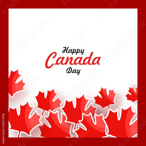 Happy Canada Day design with red maple leaves on white background.