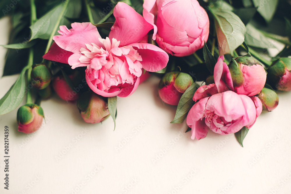 lovely pink peonies on rustic white wooden background top view, space for text. floral greeting card, flat lay. beautiful peony flowers pattern, tender image. happy mothers  day concept