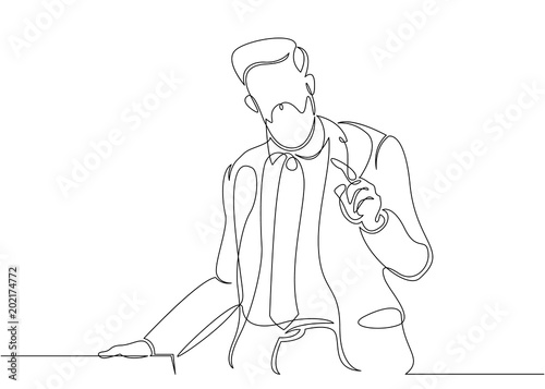Continuous single drawn line of lawyer in court, speech before the jury.